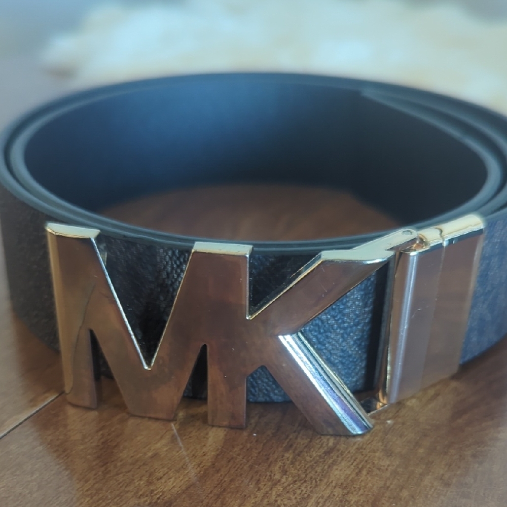Michael Kors Black Leather Belt with Gold MK Buckle